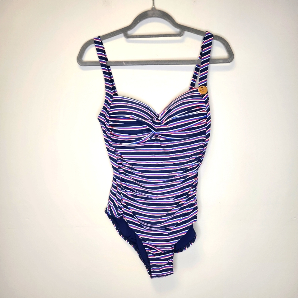 Nip Tuck Swimsuit One Piece Striped Navy Red Black Halter Slimming Womens 8  NEW